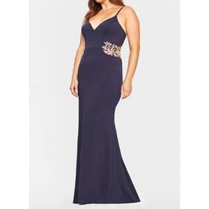 NEW FAVIANA jersey long dress with beaded lace applique in navy/gold